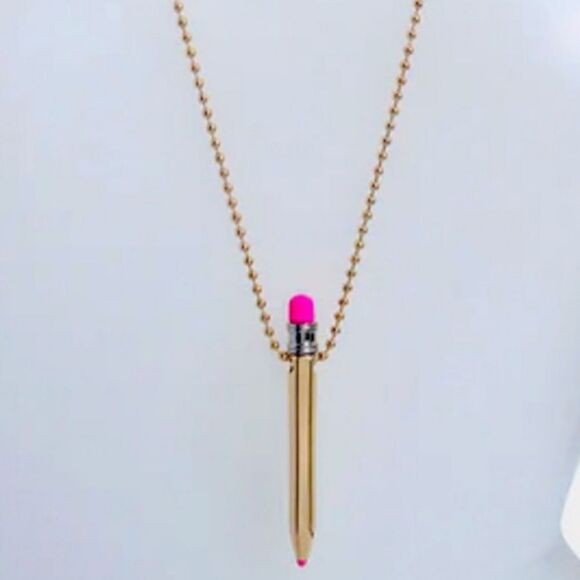 Betsey Johnson CHARM SCHOOL PENCIL Gold Enamel Long Ball Chain Necklace - Picture 1 of 7